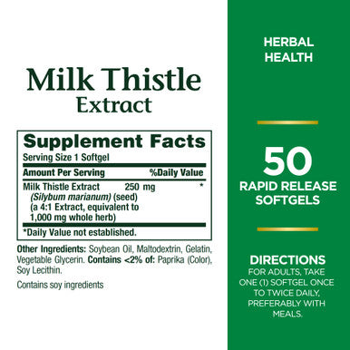 Nature's Bounty Milk Thistle Herbal Health Supplement Supports Liver Health 1000 Mg Rapid Release Softgels 50 Ct