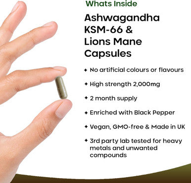 Ashwagandha Ksm-66 And Lions Mane Capsules - High Strength 2000Mg Ksm-66 Ashwaghandha Root Extract And Lions Mane Mushroom Extract - 120 Vegan Capsules With Black Pepper - Uk Made By Leaf