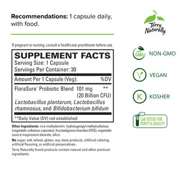 Terry ly FloraSure Probiotic - 30 Capsules - Daily Support for Healthy Digestion - Non-GMO, Vegan, Kosher - 30 Servings