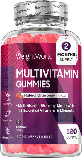Weightworld Multivitamin Gummies for Women & Men - 2 Months Supply - 13 Multivitamins & Minerals - 120 Vitamin Gummies - With Vitamin C A D B Biotin & Zinc - Strawberry Flavoured Chewable Multivitamins Adults