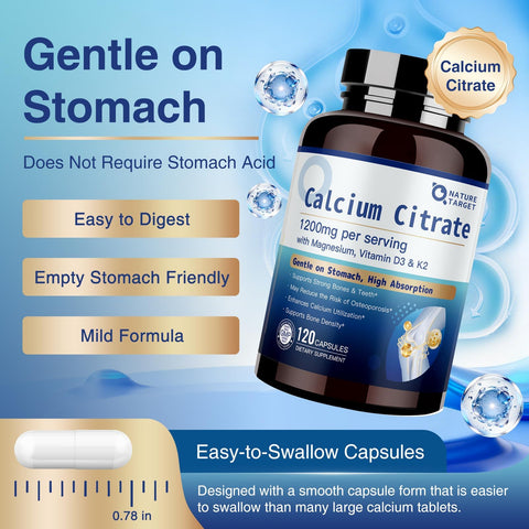 NATURE TARGET Calcium Citrate 1200mg 120 Capsules Healthy Bone and Immune Support High Absorption Cal Citrate for Women and Men Gentle on Digestion Gluten Free