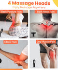 Massage Gun With Extension Handle - Percussion Massager Hammer For Back Neck Shoulders Waist Legs Pain Relief- Portable 10Mm Massage Gun Deep Tissue Massager W/ 4 Heads & 5 Speed Levels