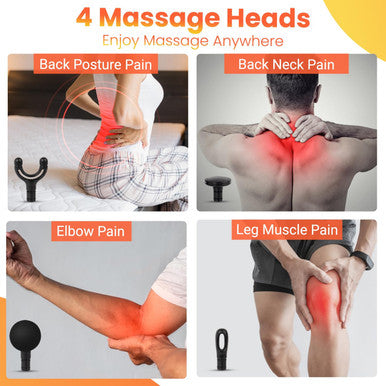 Massage Gun With Extension Handle - Percussion Massager Hammer For Back Neck Shoulders Waist Legs Pain Relief- Portable 10Mm Massage Gun Deep Tissue Massager W/ 4 Heads & 5 Speed Levels