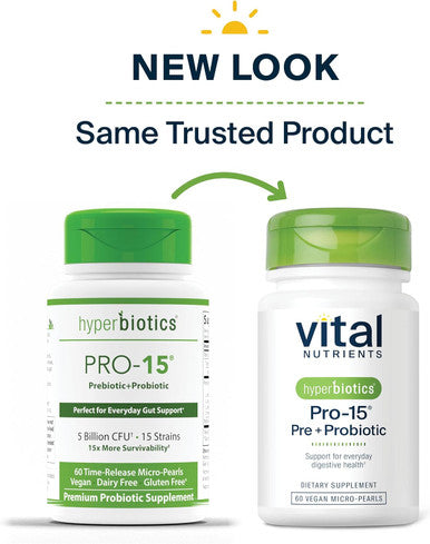Hyperbiotics Pro-15 Pre + Probiotic | 15 Strains| Supports Occasional Constipation Diarrhea Gas & Bloating | Immune Digestive & Gut Health | Shelf-Stable | Vegan | 60 Pearl Tablets
