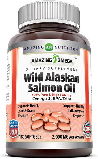 Amazing Nutrition Omega Wild Alaskan Salmon Oil 2000mg Per Serving Softgels Supplement (180 | 2 Pack)