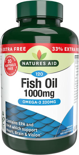 Natures Aid Fish Oil 1000mg | Omega 3 (180mg Epa & 120mg Dha) | Made In The UK 120 Softgels for The Price of 90 120 Capsules