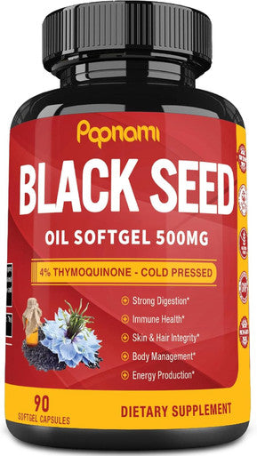 Papnami Premium Black Seed Oil Softgel - 500Mg 90 Counts 3 Month Supply - Supports Immune System Heart Digestive Skin Hair & Body Balance - Herbal Supplement For Wellness