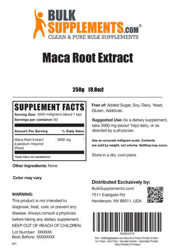 BulkSupplements Maca Root Extract Powder - Herbal Supplement, Antioxidants Support - , Soy Free - 3000mg , 83 Servings (250 Grams - 8.8 oz)