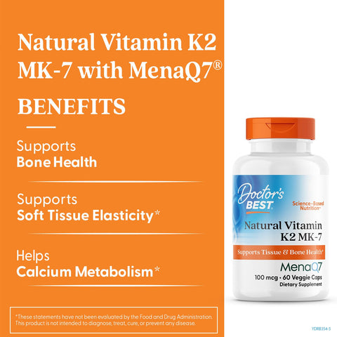 Doctor'S Best Natural Vitamin K2 Mk7 Supplement For Men & Women - Bone Health Support 100 Mcg Vitamin K-2 Mk-7 Capsules With Menaq7 Calcium Support Non Gmo Vegan 60 Veg Caps