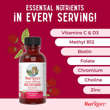 Maryruth Organics Multivitamin For Women Men & Kids No Added Sugar Morning Raspberry Liquid Vitamins For Adults & Kids Mens Womens Multivitamin Energy & Beauty Booster 16-1 Fl Oz Bottles