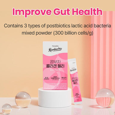 Teazen Collagen Peptides Gummies Kombucha Stick Jelly Soft Chews Postbiotics Zero Sugar Low Calorie Peach Flavor 14 Sticks 9.87oz
