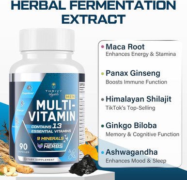 Mens Multivitamins 50 Plus - Daily Multivitamin For Men With Fermented Herbal Extracts & 43 Nutrients - Mens Vitamins Multivitamin Supports Memory & Brain, Energy, Bone Health - Supports For Men 18+