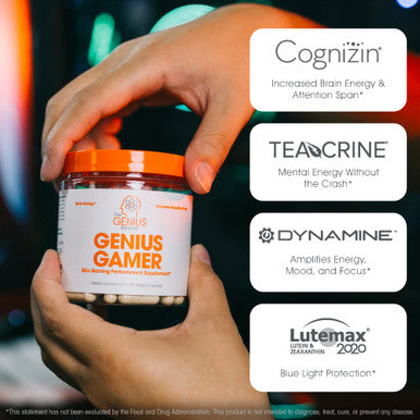 Genius Gamer, Gaming Focus Supplement, 80 Pills - E Nootropic Performance Booster - Boost Brain & Mental Clarity, Reaction Time & Concentration - Blue Light Support with Lutemax