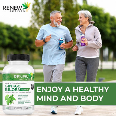 Renew Actives Ginkgo Biloba Brain Supplement With Red Panax Ginseng Extract, 50:1 Ratio For Max Performance - Supports Cognitive Function & Memory - 60 Capsules