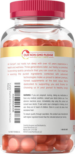 Carlyle Vitamin D3 Gummies | 5000 iu | 90 Count | Peach Flavored Gummy | High Potency for Adults | Vegetarian Non-GMO Gluten Supplement