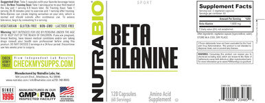 Nutrabio Beta-Alanine Supplement 800mg - Gluten- Pre-Workout Supplement to Buffer Lactic Acid Muscle Fatigue and Soreness 120 Capsules