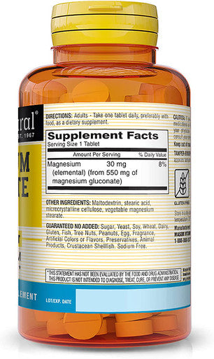 Mason Natural Magnesium Gluconate 550 mg - Healthy Heart and Nervous System, Improved Muscle Function and Blood Pressure Levels, 100 Tablets