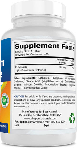 Best Naturals Potassium Chloride Supplement 99mg 400 Tablets - 3rd Party Lab Tested