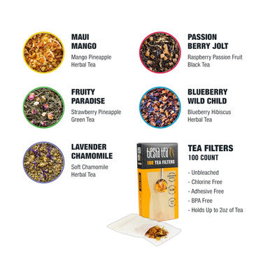 Tiesta Tea - Loose Leaf Starter Kit | Premium Starter Kit Sampler | High to Non Caffeinated | Make Hot & Iced Tea | Starter Kit with Black Green Herbal Tea Sample Bags and 100 Disposable Tea Filters
