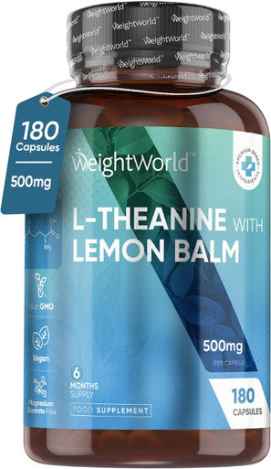 Weightworld L Theanine with Lemon Balm 500mg - 180 Vegan Capsules - Natural Nootropics L-Theanine Supplements - High Strength L-Theanine Capsules - 6 Months Supply - Alternative to Coffee - Non GMO & Gluten