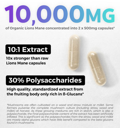 PURE CO Organic Lions Mane Supplement Capsules USDA Organic Mushroom Supplement Capsules with 1000mg Lion's Mane 10:1 Extract per Serving with 30% Polysaccharides Vegan and Non GMO 1 Month Supply