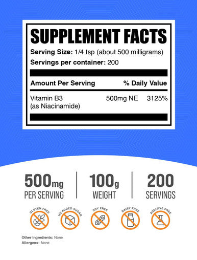 Bulksupplements.Com Niacinamide Powder - Niacinamide Supplement, Vitamin B3 Supplement, Niacinamide 500Mg - B3 Vitamins For Skin Health, Pure & Gluten Free - 500Mg Per Serving, 100G (3.5 Oz)