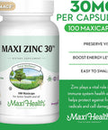 Maxi Health Zinc 30 - Zinc Vitamin with Enzymax for Enhanced Absorption - Highest Potency Immune Support - Glycinate Chelated Zinc Supplements for Adults - Zink Vitaminas - Kosher Made in USA - 100 Count Capsules
