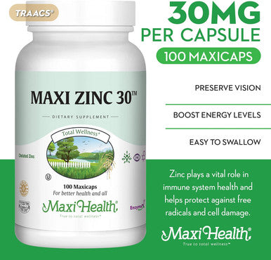 Maxi Health Zinc 30 - Zinc Vitamin with Enzymax for Enhanced Absorption - Highest Potency Immune Support - Glycinate Chelated Zinc Supplements for Adults - Zink Vitaminas - Kosher Made in USA - 100 Count Capsules