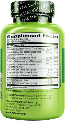 NATURELO Bone Strength - Plant-Based Calcium, Magnesium, Potassium, Vitamin D3, VIT C, K2 - GMO, Soy, Gluten Free Ingredients - Whole Food Supplement for Bone Health - 120 Vegan Friendly Capsules