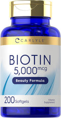 Carlyle Biotin 5000mcg Softgels | 200 Count | Vitamins for Hair Skin and Nails | Non-GMO Gluten Supplement
