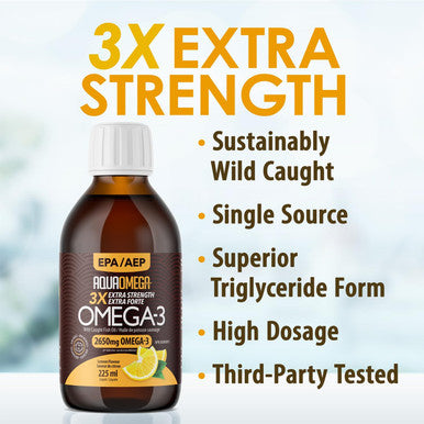 Aquaomega 3X Extra Strength Epa Omega-3 Liquid - Wild Caught Omega 3 Fish Oil Liquid With Epa, Dha And Vitamin D - 2650Mg Omega-3 Supplements - 225Ml Lemon