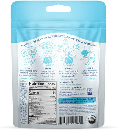 Kos Usda Organic Blue Spirulina Powder, Phycocyanin - Vegan Algae Superfood - Natural Food Coloring For Smoothies & Protein Drinks, Plant Based, Non Gmo - 27 Servings
