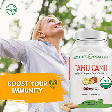 Mother Nature Organics Superfoods For Organic Living Organic Vitamin C From Camu Camu Capsules 1000Mg Packed With Natural Vit C Raw Antioxidants - Immune Support Supplement & Anti-Aging For Skin - Powder Organic Vegan Non-Gmo (120 Count)