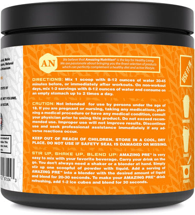 Amazing Nutrition PRE | Ultimate Pre-Workout Supplement | 30 Servings Powder | 2.5 Grams BCAA Per Serving (30 Servings Natural Orange)