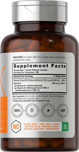 Vitamin K2 Mk7 With D3 | 180 Capsules | 800 Mcg Complex Plus Mk4 | 5000 Iu Of D3 | Non-Gmo, Gluten Free | Vitamin Supplement By Horbaach