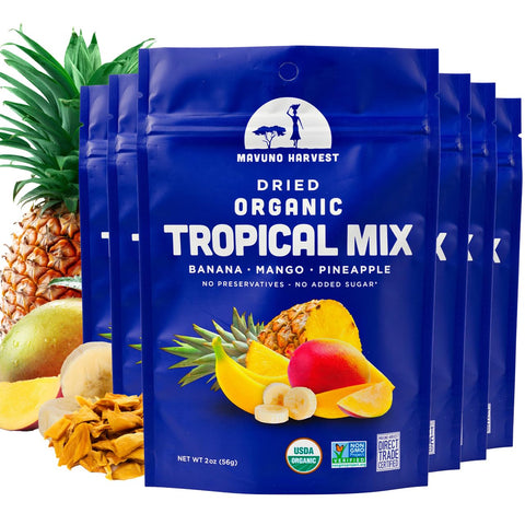 Mavuno Harvest Organic Dried Fruit Variety Pack | Dried Mango, Papaya, Pineapple, Banana, Jackfruit, & Tropical Mix | Healthy, Vegan, No Sugar Added, Non GMO Snacks for Kids & Adults | 2 Ounce, 6 Pack