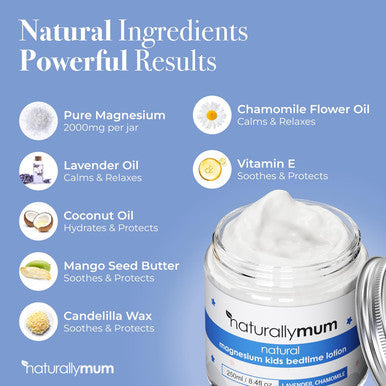 Naturallymum Kids Magnesium Bedtime Lotion for Better Sleep | All-Natural Sleeping Aid for Children | Alternative to Melatonin | Lavender & Chamomile Essential Oil | 250ml