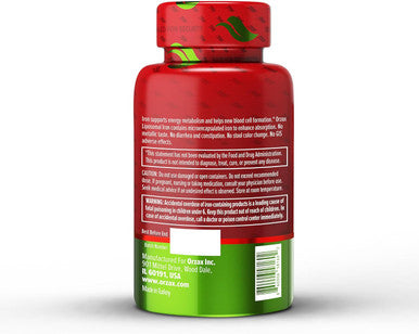 Orzax Iron Supplement 25 Mg -Liposomal Technology- High Bioavailability 90 Vegetable Capsules, Helps Blood Cell Production, Non-Constipating, Non-Gmo & Gluten Free, For Women, Men, Adults
