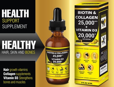 Nature ManuPremium 25000mcg Liquid Biotin Collagen20000iu Vitamin D3 Allinone Wellness Daily Drops. Supports Healthy Skin Stronger Nails Hair Growth. Tasty Strawberry Flavor 2 FL OZ/60 ML