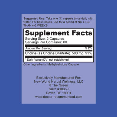 Premium Choline 500 mg 120 Veggie Capsules by Doctor Recommended Supplements Supports Cognitive Health Memory More