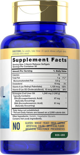 Carlyle Norwegian Cod Liver Oil with EPA & DHA | 1245mg | 150 Softgels | Liquid Capsules | Non-GMO & Gluten Supplement