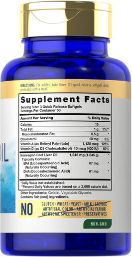 Carlyle Norwegian Cod Liver Oil With Epa & Dha | 1245Mg | 150 Softgels | Liquid Capsules | Non-Gmo & Gluten Free Supplement