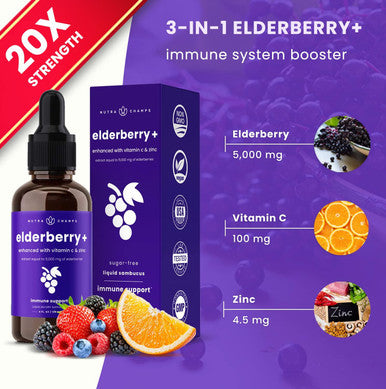 Organic Elderberry Syrup - 5000Mg Elderberry Extract With Vitamin C & Zinc - Black Elderberry Liquid Drops - Sugar-Immunity Booster For Adults & Kids - Vegan Gluten-Elderberry Supplement