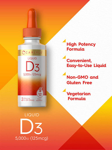 Carlyle Liquid Vitamin D3 5000 IU (125 mcg) 2 oz Vegetarian, Non-GMO, and Gluten Free Supplement Vitamin D Liquid Drops for Adults