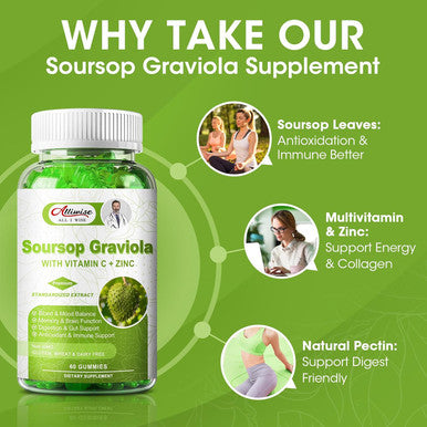 2000Mg Natural Soursop Graviola Gummies Supplement, Original Soursop Leaves Extract With Vitamins C & Zinc For Women & Men, Multivitamin Soursop Fruit Supplement For Immunity & Antioxidant & Energy