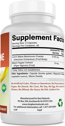 Best Naturals Lions Mane Mushroom Supplement 2100mg - 120 Capsules - Supports Mental Clarity Focus & Immune Health - Added Black Pepper for Maximum Absorption