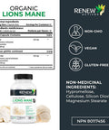Renew Actives Organic Lions Mane Mushroom Supplement - 40% Polysaccharides, Immune Wellness & Rich In Antioxidant - 120 Capsules