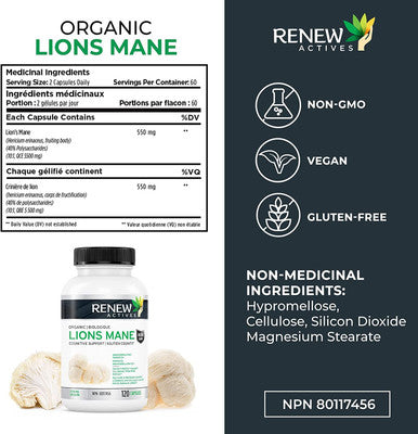 Renew Actives Organic Lions Mane Mushroom Supplement - 40% Polysaccharides, Immune Wellness & Rich In Antioxidant - 120 Capsules