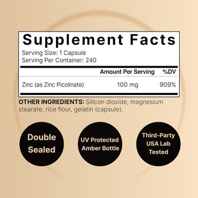 Naturebell High Potency Zinc Picolinate 100Mg - 240 Capsules, Bioavailable Form Of Zinc For Immune Support And Skin Health - Non-Gmo And Gluten- Zinc Supplements