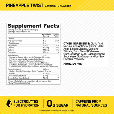Optimum Nutrition (On) Amino Energy Plus Electrolytes Powder - Pre Workout Bcaas Amino Acids Keto Friendly Anytime Energy Powder - Pineapple Twist 285 G 30 Servings